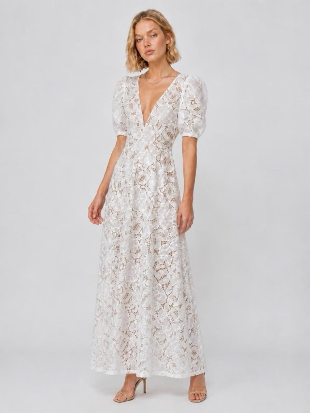 Jenny Yoo Chloe White Floral Lace Puff-Sleeve Maxi Dress